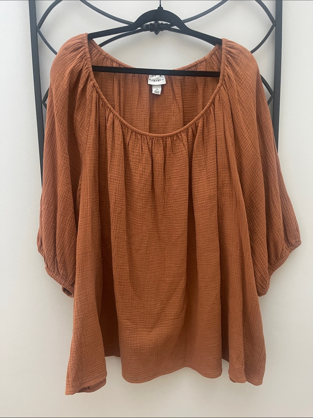 Cute Fall Top Rust Boho Peasant Blouse - Women’s Relaxed Scoop Neck Top